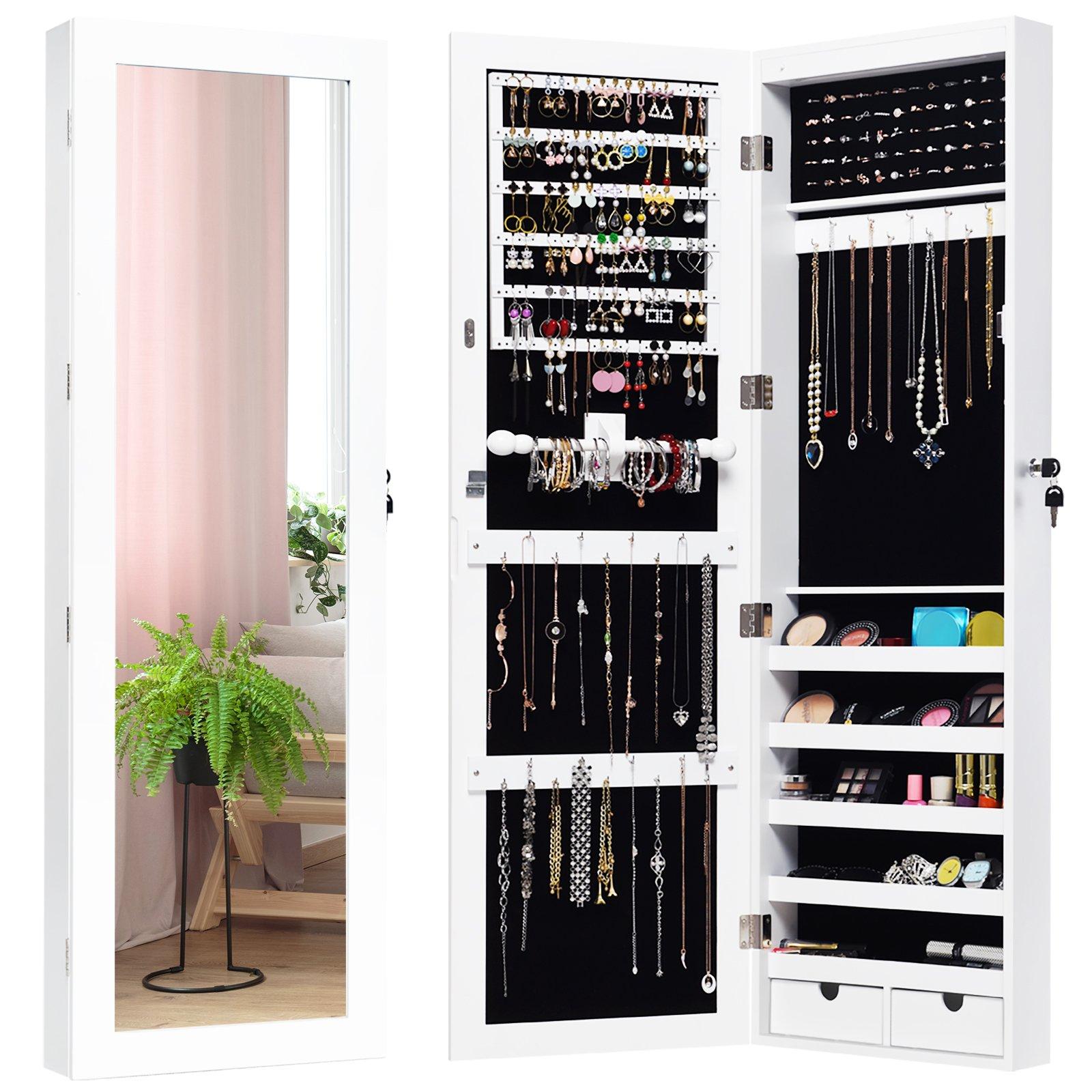 Lockable Jewelry Storage Cabinet Wall-mounted LED Jewelry Armoire w/Full Mirror