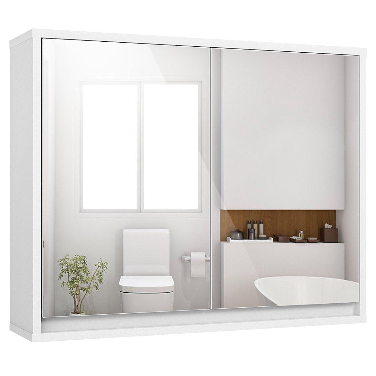 Bathroom Wall Mounted Cabinet Double Mirrored Door Organizer with Storage Shelf