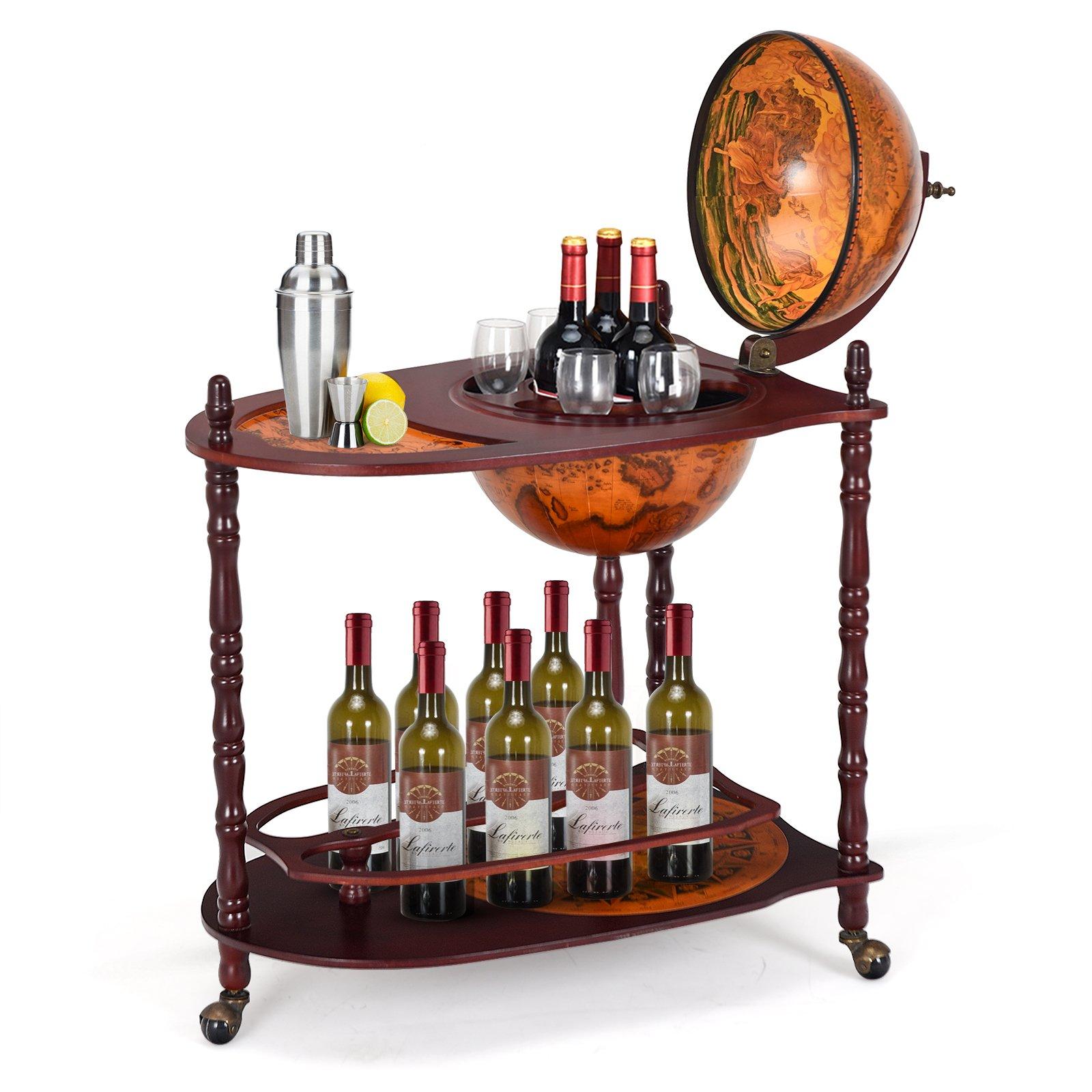 Globe Wine Bar Stand Rolling Globe Wine Rack Wooden  Wine Cabinet