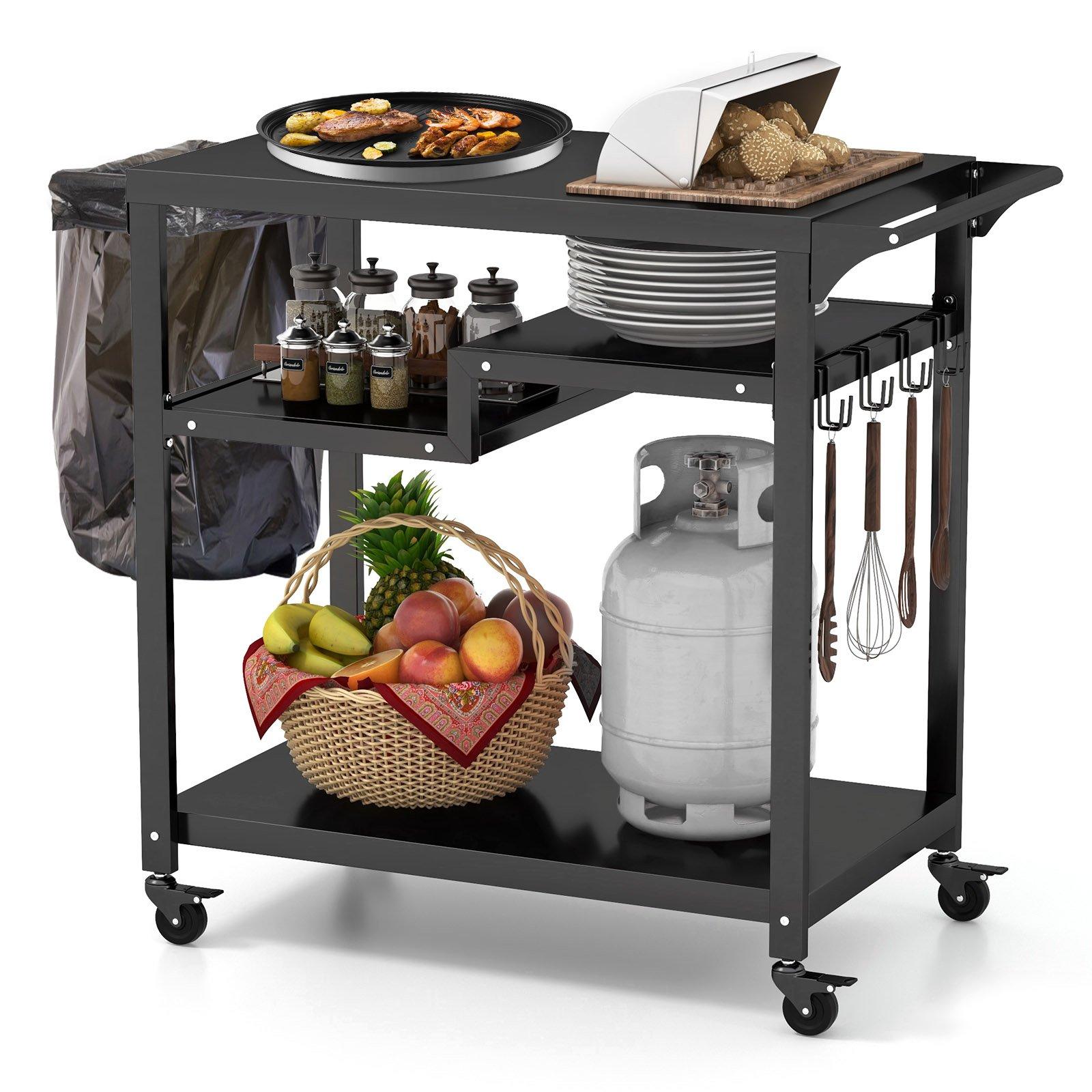 Outdoor Grill Cart Pizza Oven Table 3-Shelf Movable BBQ Cart Kitchen Food Prep Worktable