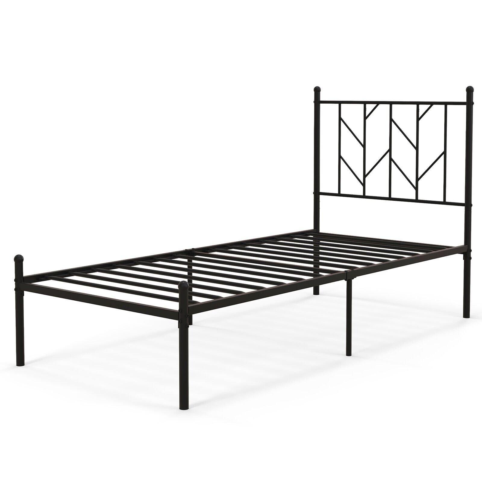 3FT Single Metal Bed Frame Heavy-duty Slatted Platform Bed with Headboard