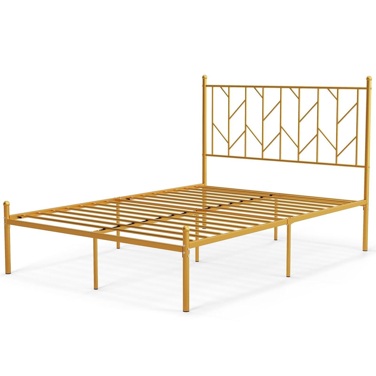 4.6FT Double Metal Bed Frame Heavy-duty Slatted Platform Bed with Headboard