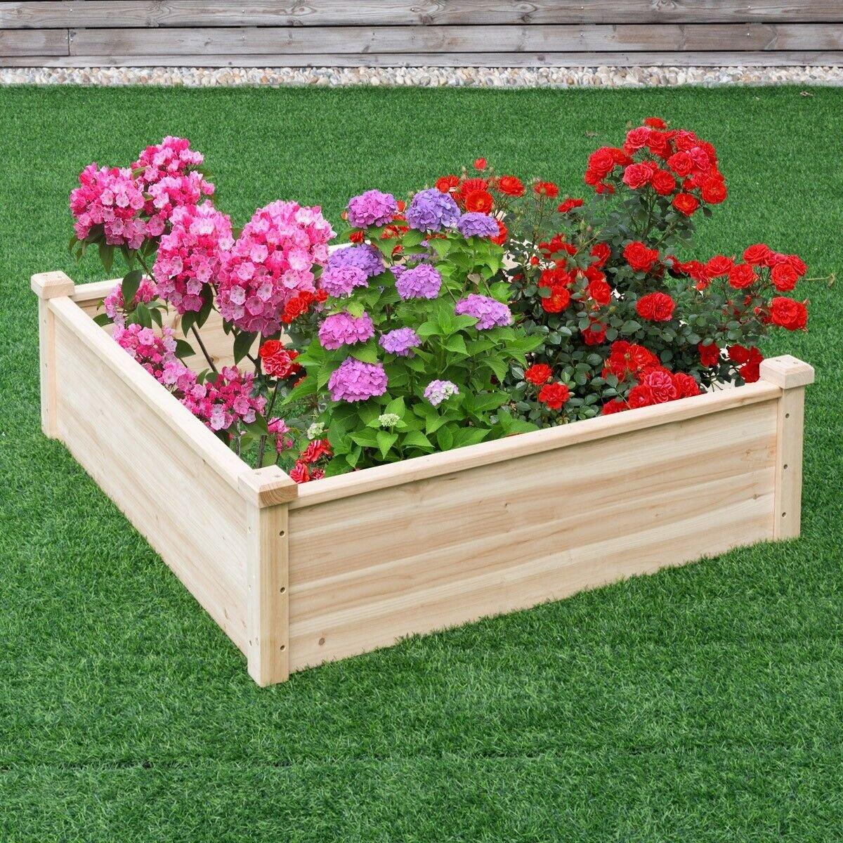 Square Outdoor Raised Garden Bed Wooden Elevated Planter Box Open-Ended Base