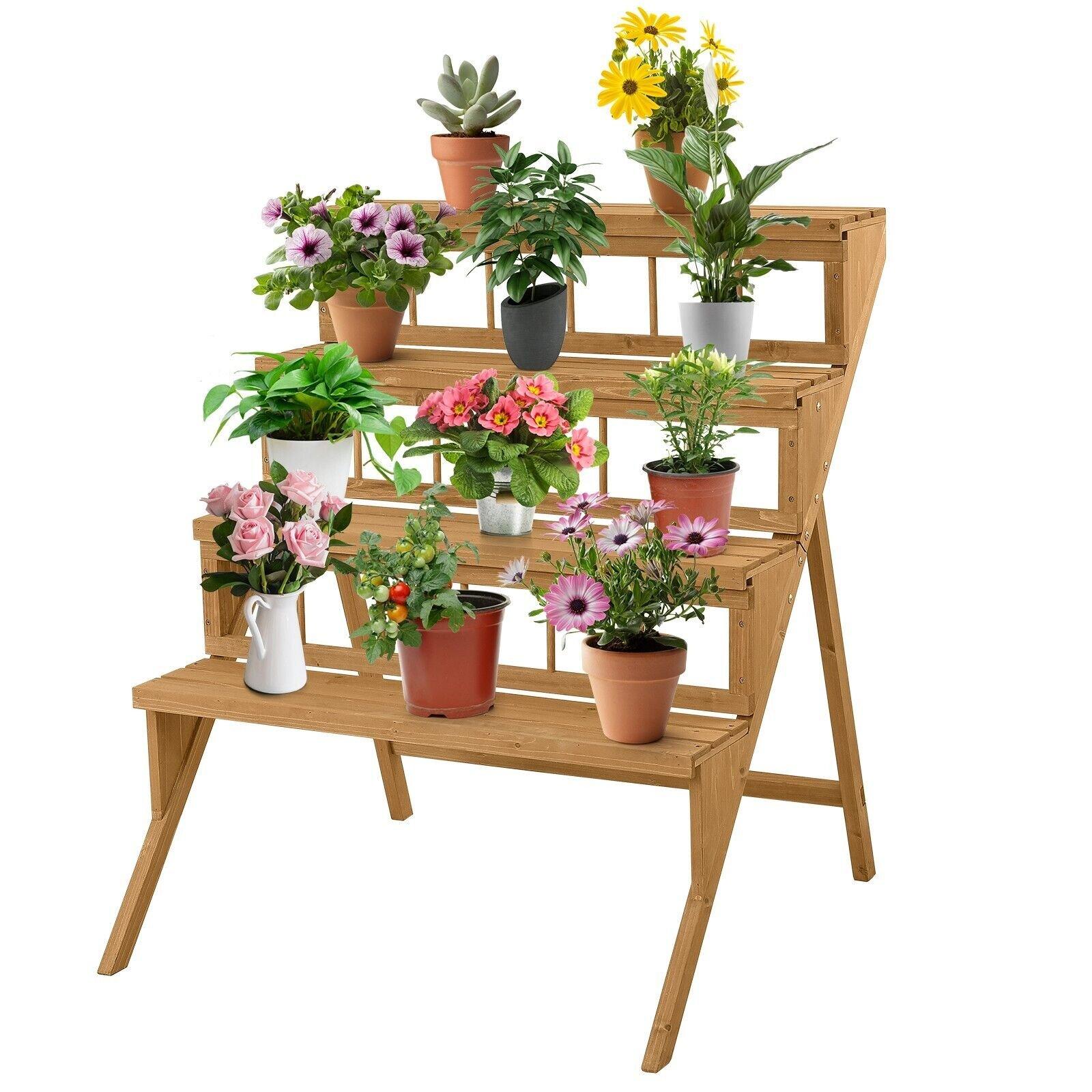 4-Tier Wooden Plant Stand Ladder Flower Pot Display Shelf Rack Holder Organizer