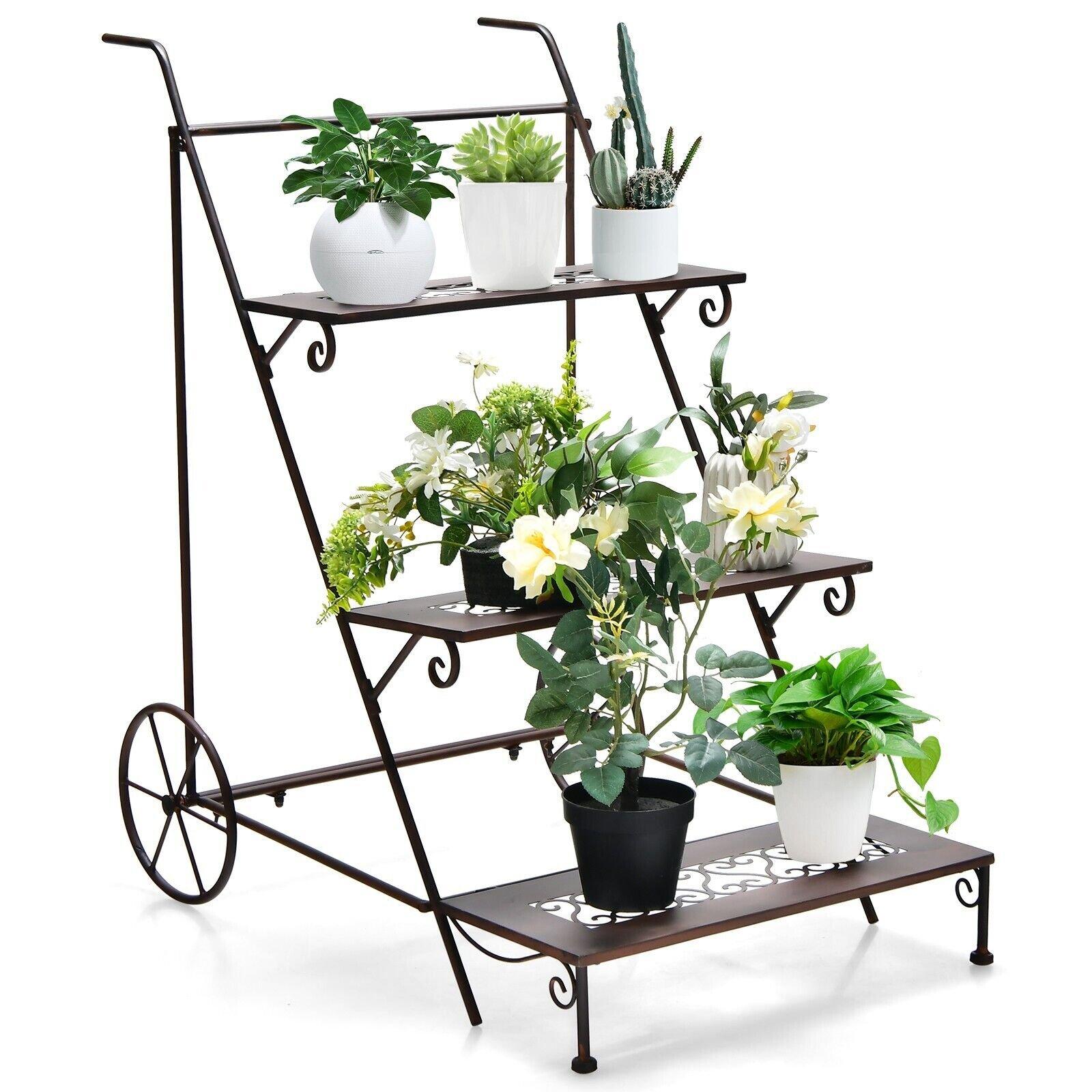 3-Tier Metal Plant Stand Ladder Shaped Flower Pot Holder Storage Rack w/ Wheels