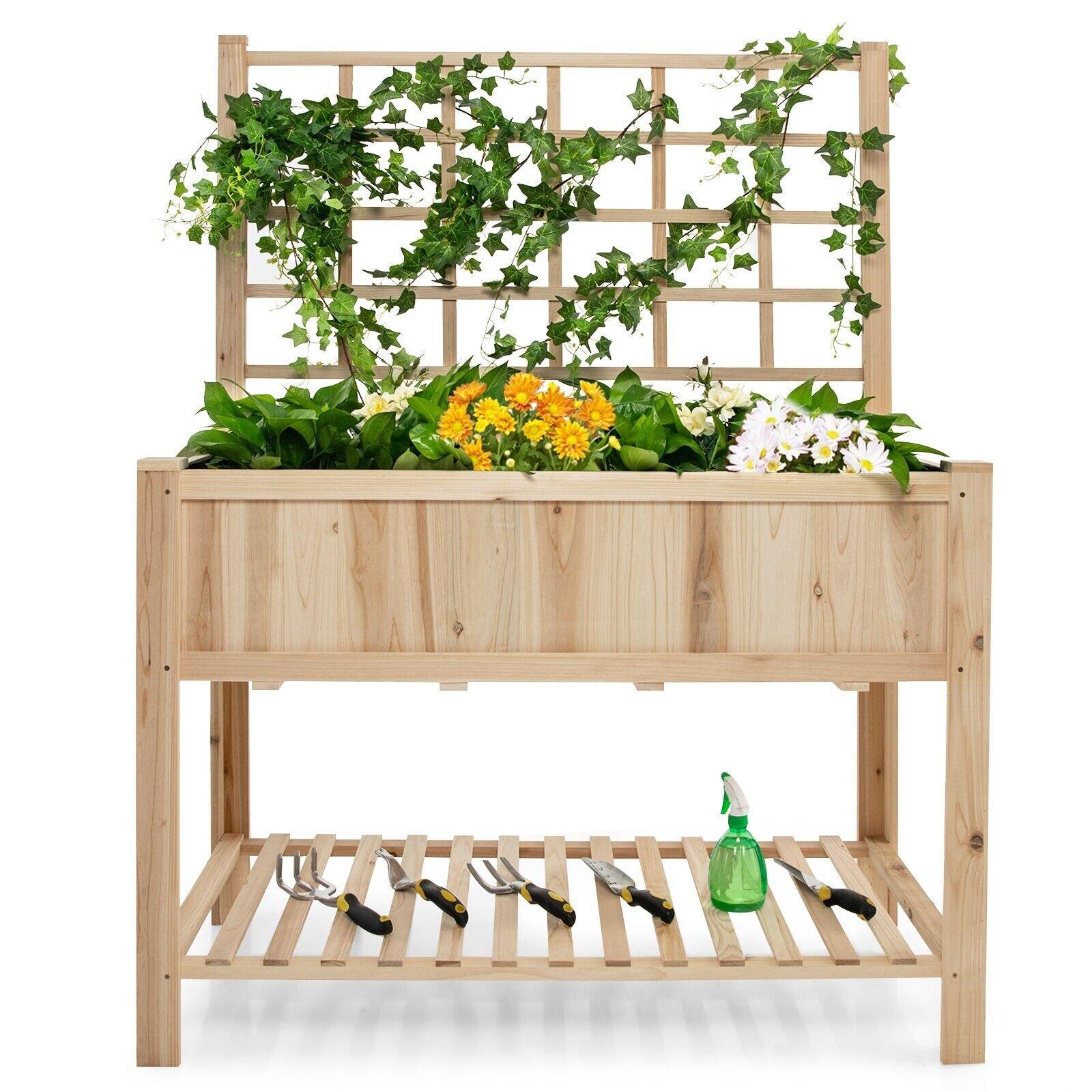 Wooden Planter Elevated Raised Garden Bed with Trellis Wheels & Storage Shelves