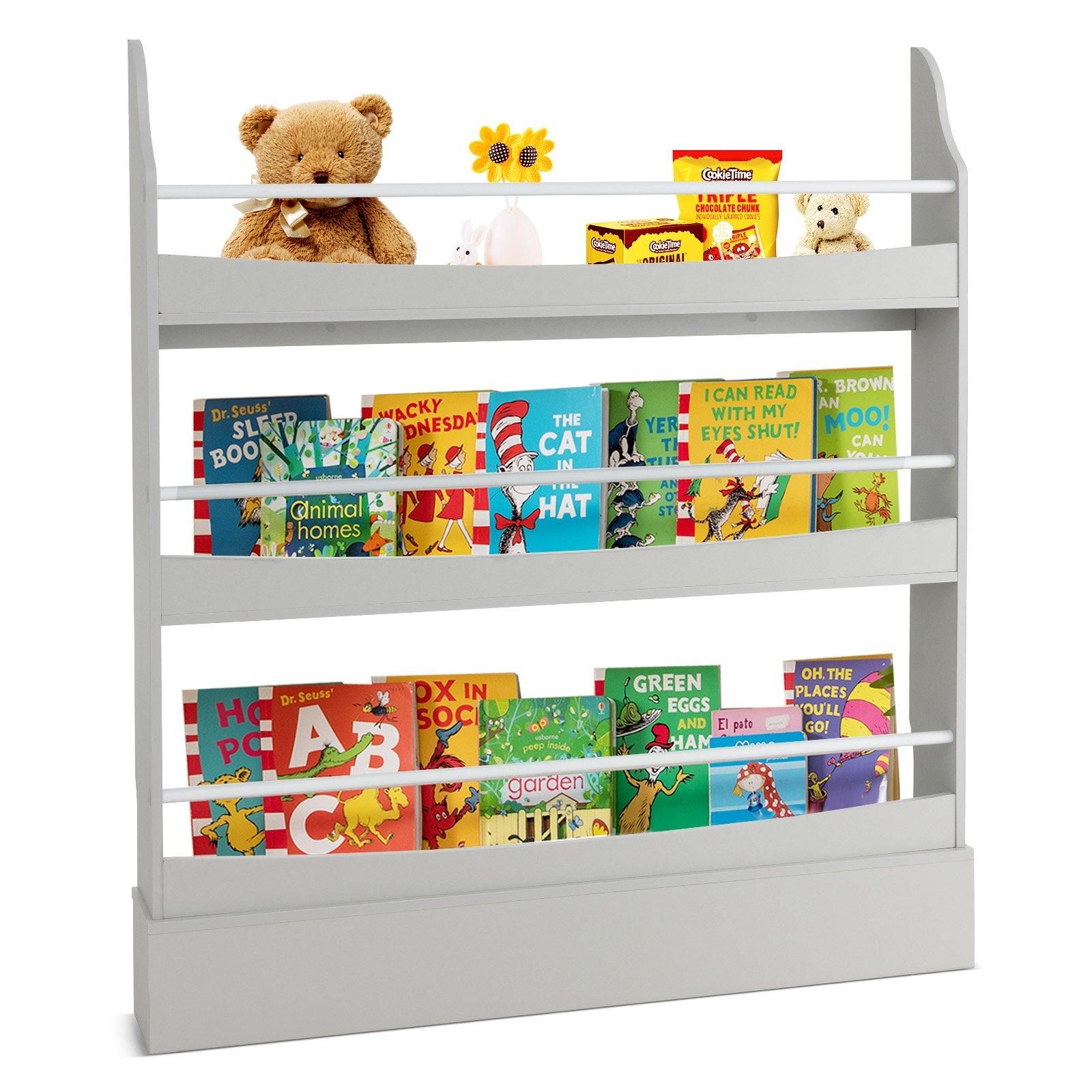 3-Tier Kids Bookshelf Toy Storage Bookcase Rack Wall w/ Anti-toppling Kits Grey