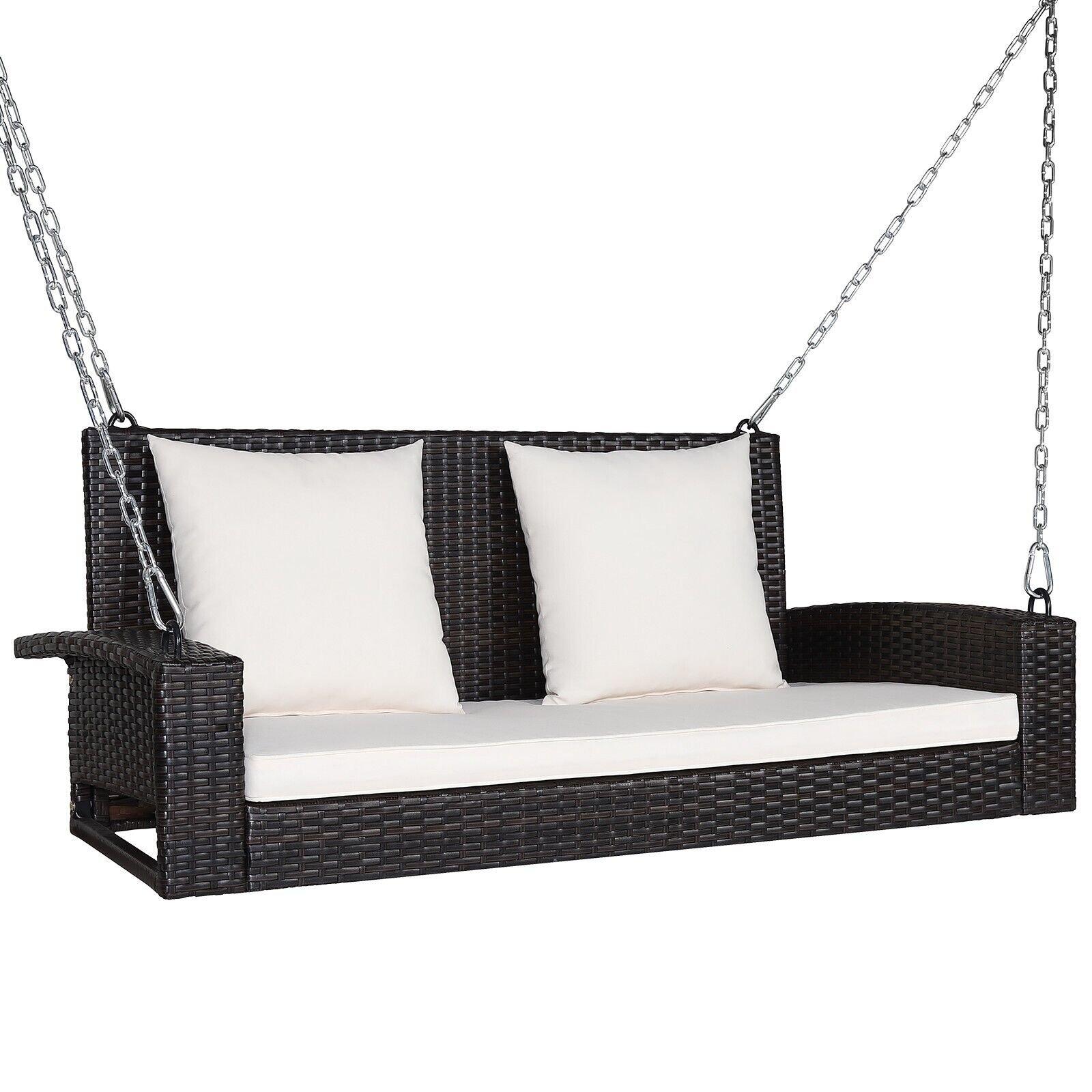 Patio Rattan Swing Loveseat Outdoor 2-Seat Hanging Swing Bench W/ Cushions