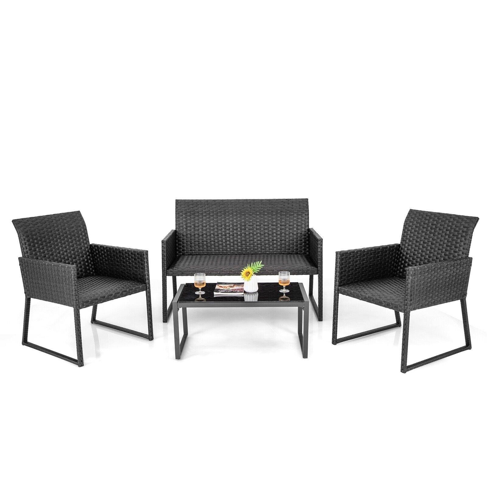 4 Pcs Wicker Patio Furniture Set Outdoor Conversation Set W/Tempered Glass Table