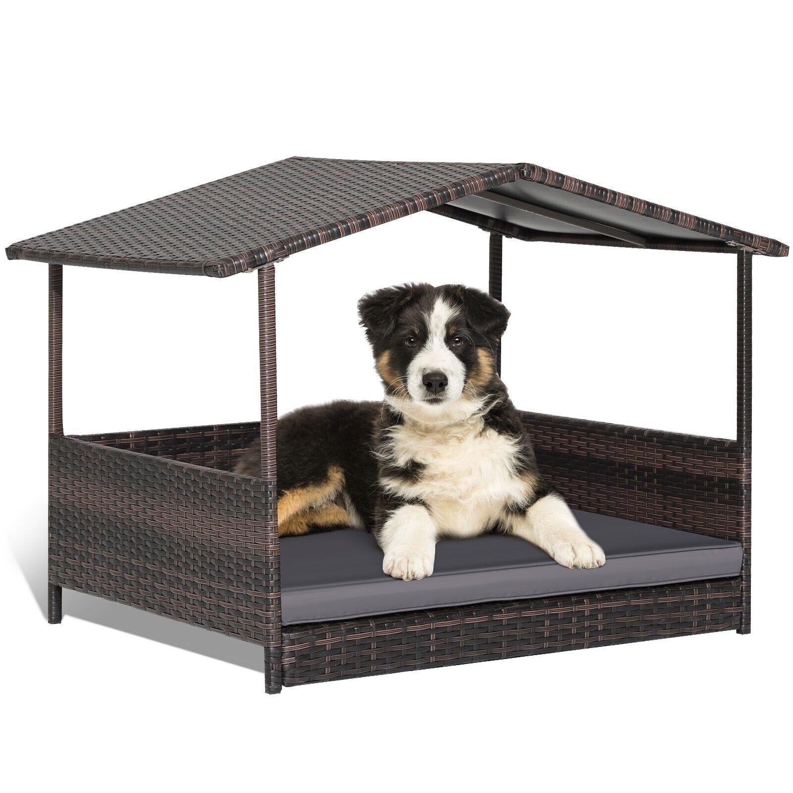 Wicker Dog House Raised PE Rattan Dog Bed With Roof & Detachable Soft Cushion