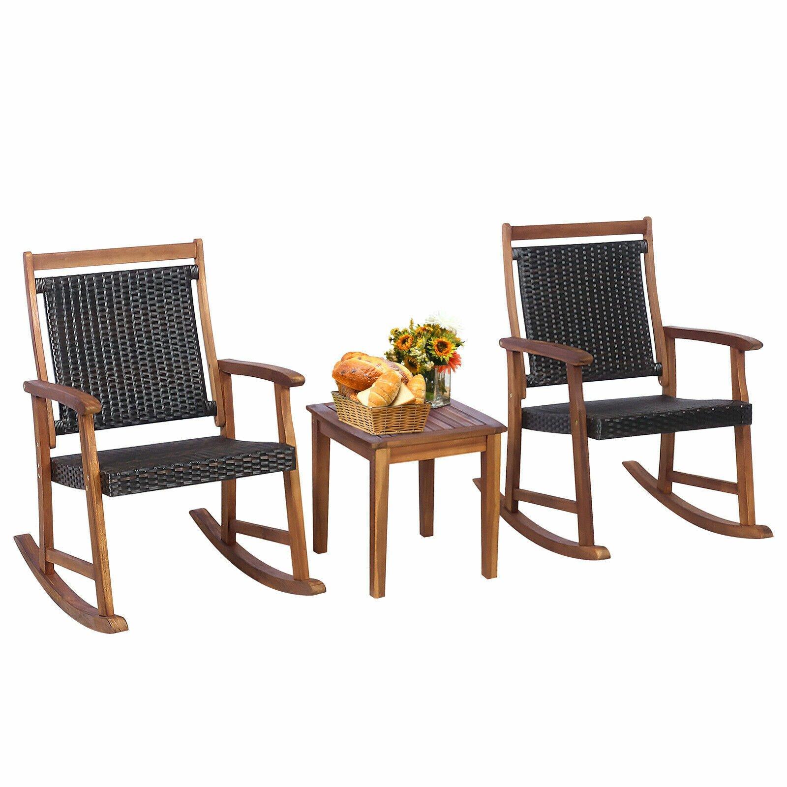 3 PCS Rocking Table Chairs Set, Solid Wood High Back Bistro Set, Outdoor Relax Rocker Conversation S