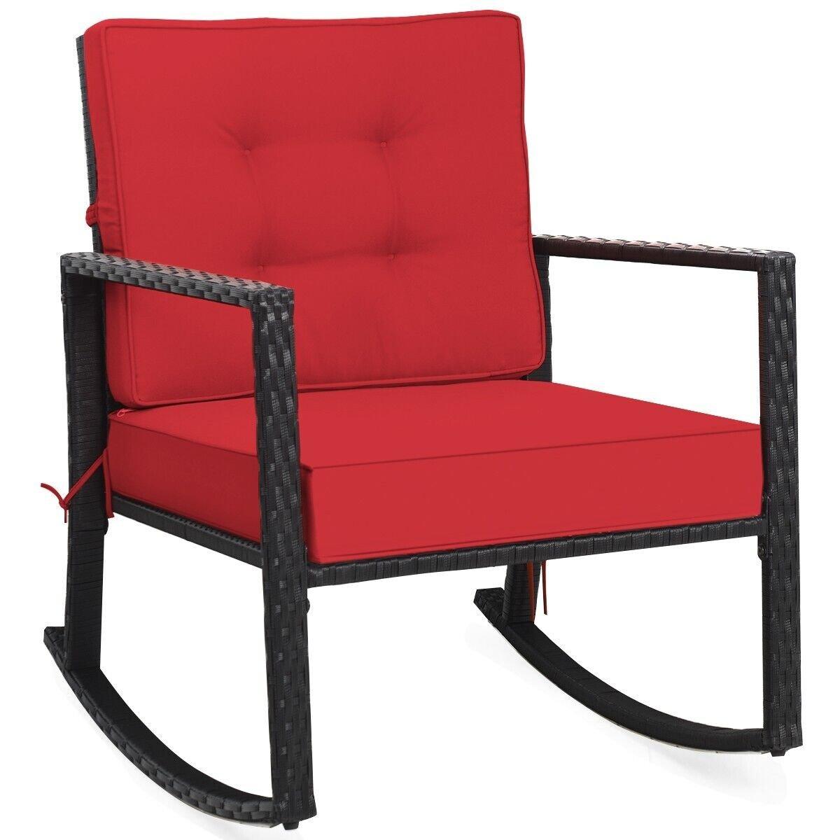 Outdoor Wicker Furniture Rocking Chair Metal Frame Patio Rattan Rocker w/Cushion