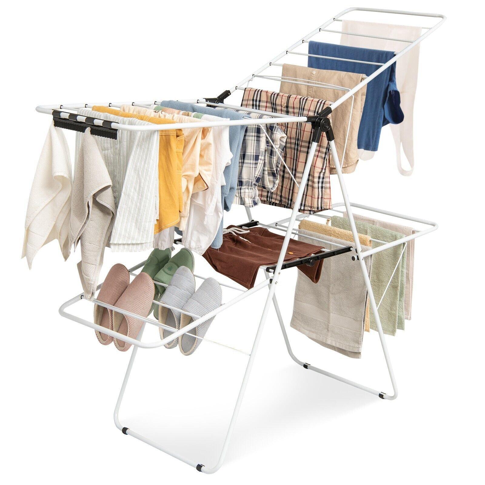 Foldable 2-Level Clothes Drying Rack Garment Drying Hanger Height-Adjustable