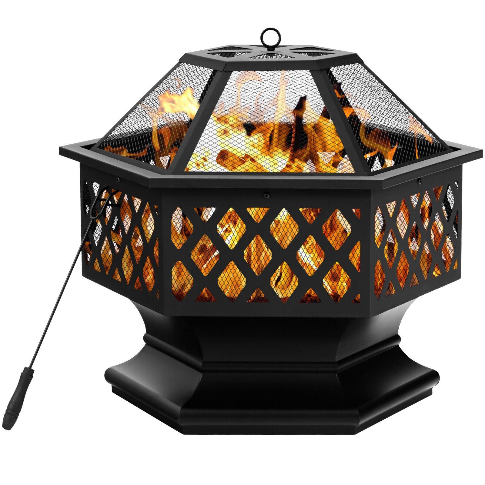 Hexagon Outdoor Fire Pit 61cm Height Iron Wood Burning Fire Bowl with Spark Screen