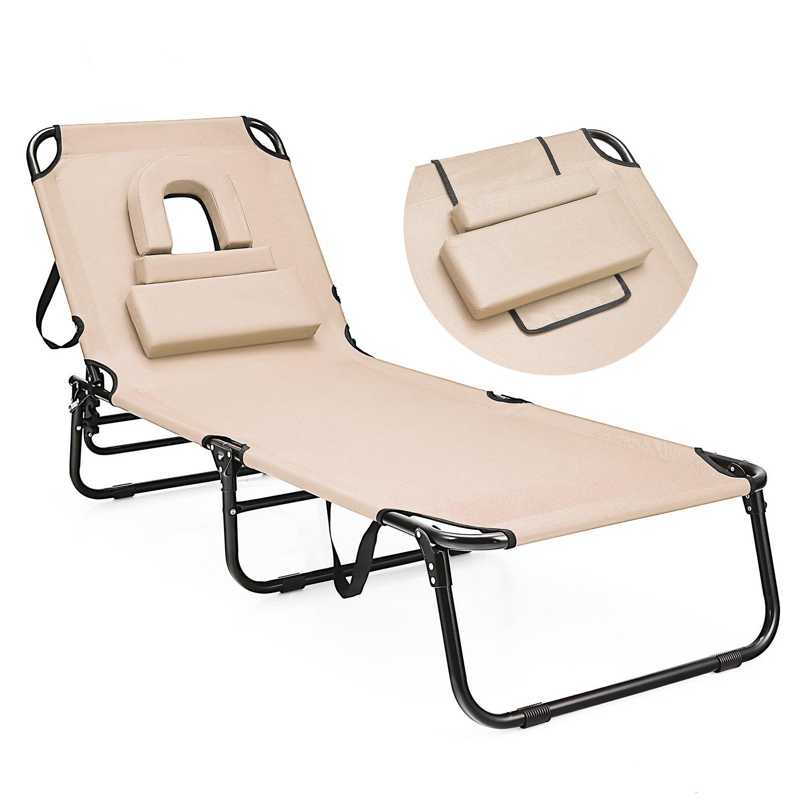 Folding Face Down Tanning Chair Adjustable Beach Lounge Chair W/ Face Hole