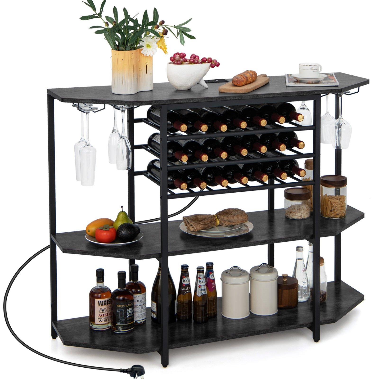 Wine Bar Cabinet 3 Tier Industrial Wine Rack with Storage Shelves Glass Holder