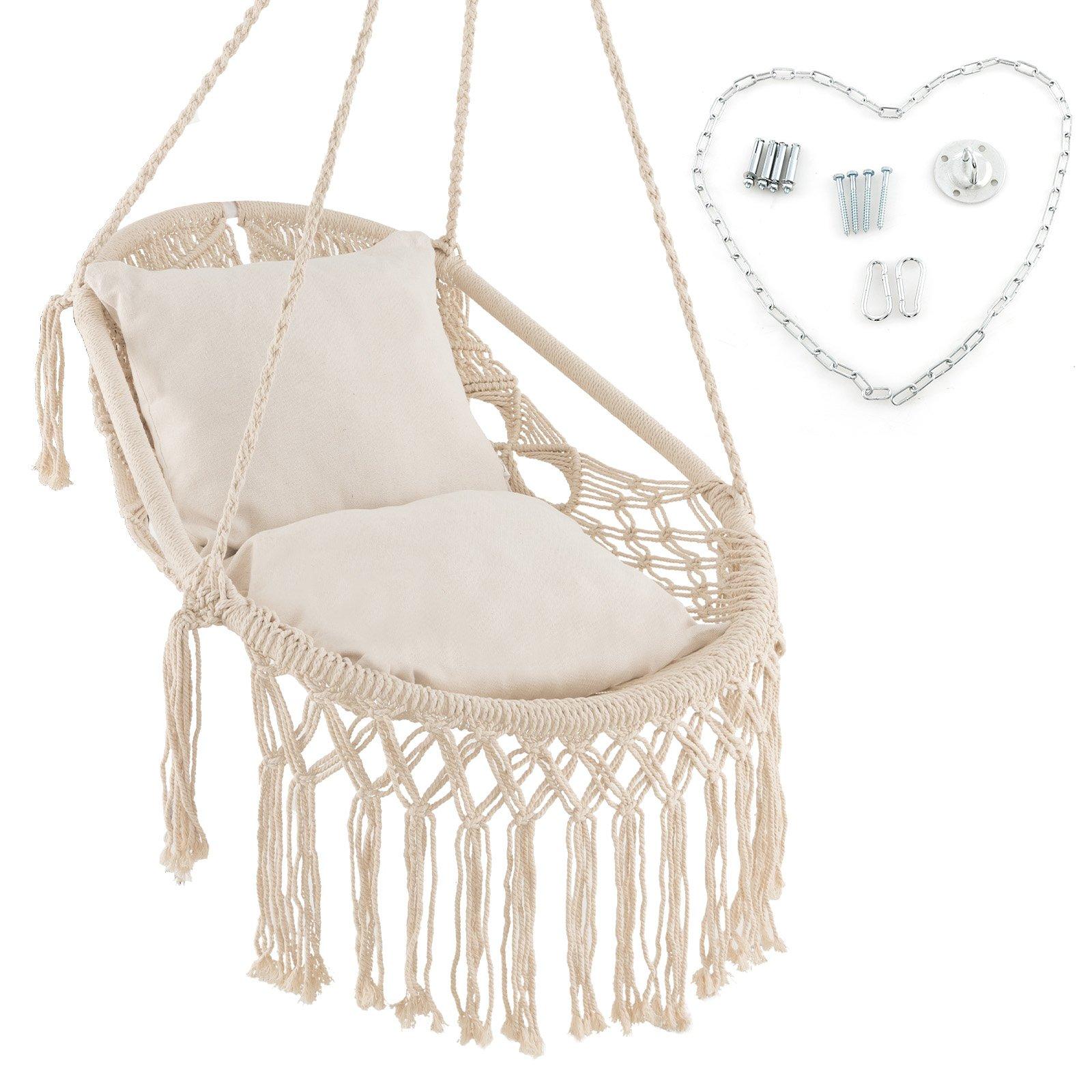 Macrame Swing Chair Hanging Seat Hammock Net Chair w/ Soft Seat Cushions