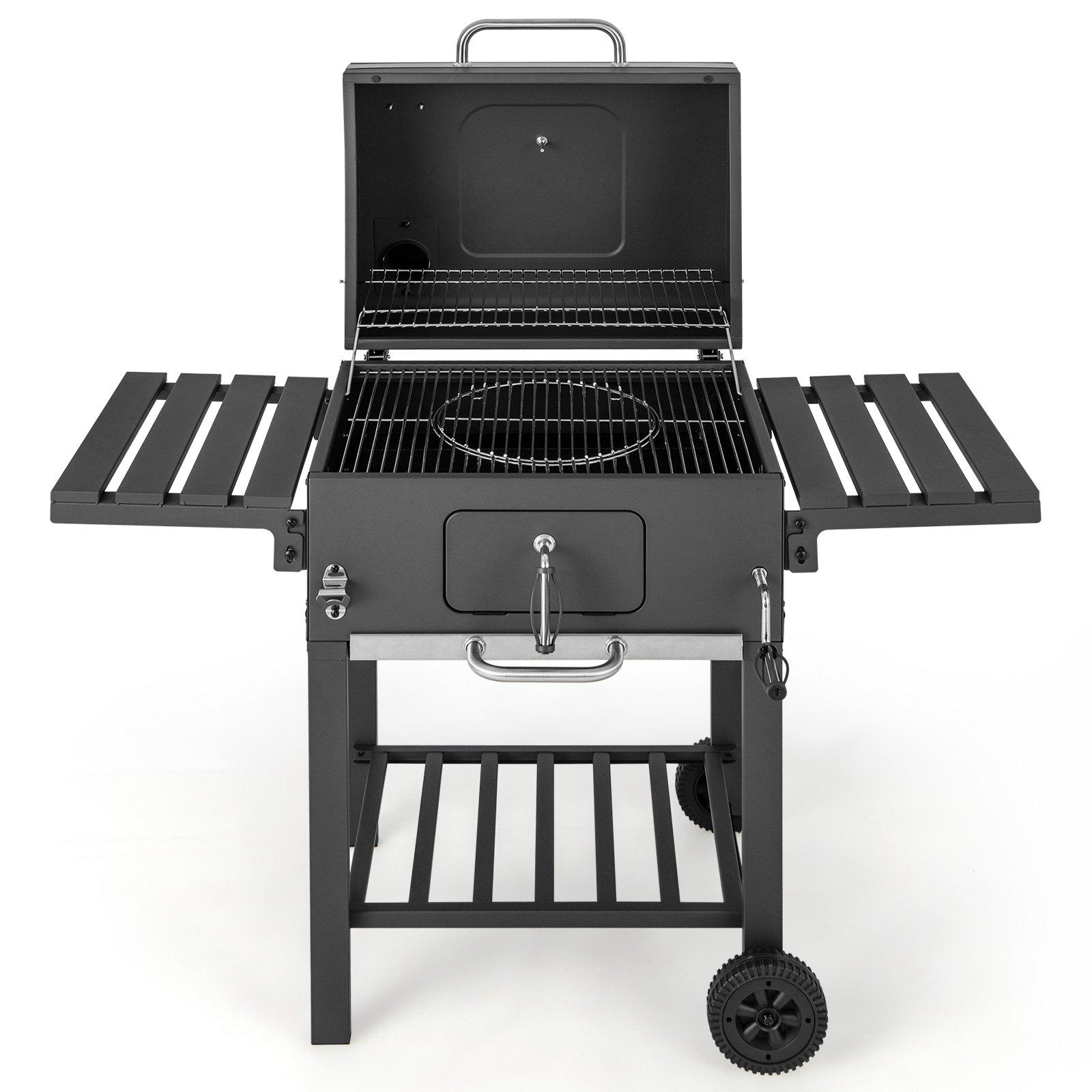 Camping Charcoal Grill BBQ Smoker Combo w/2 Wheels & 2 Foldable Side Tables