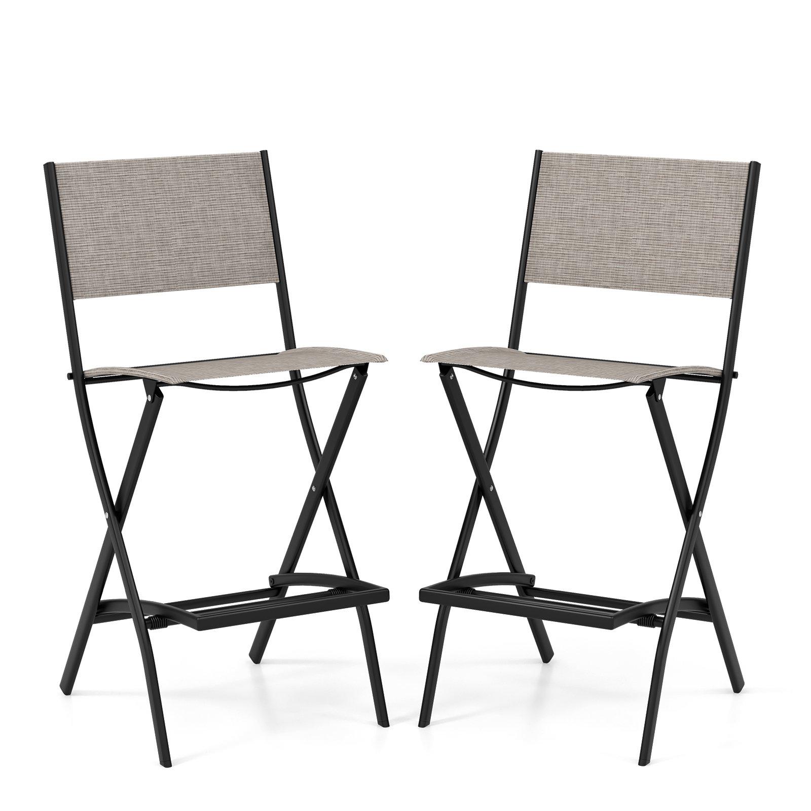 Set of 2 Outdoor Bar Chair Folding Bar Height Stool with Metal Frame & Footrest