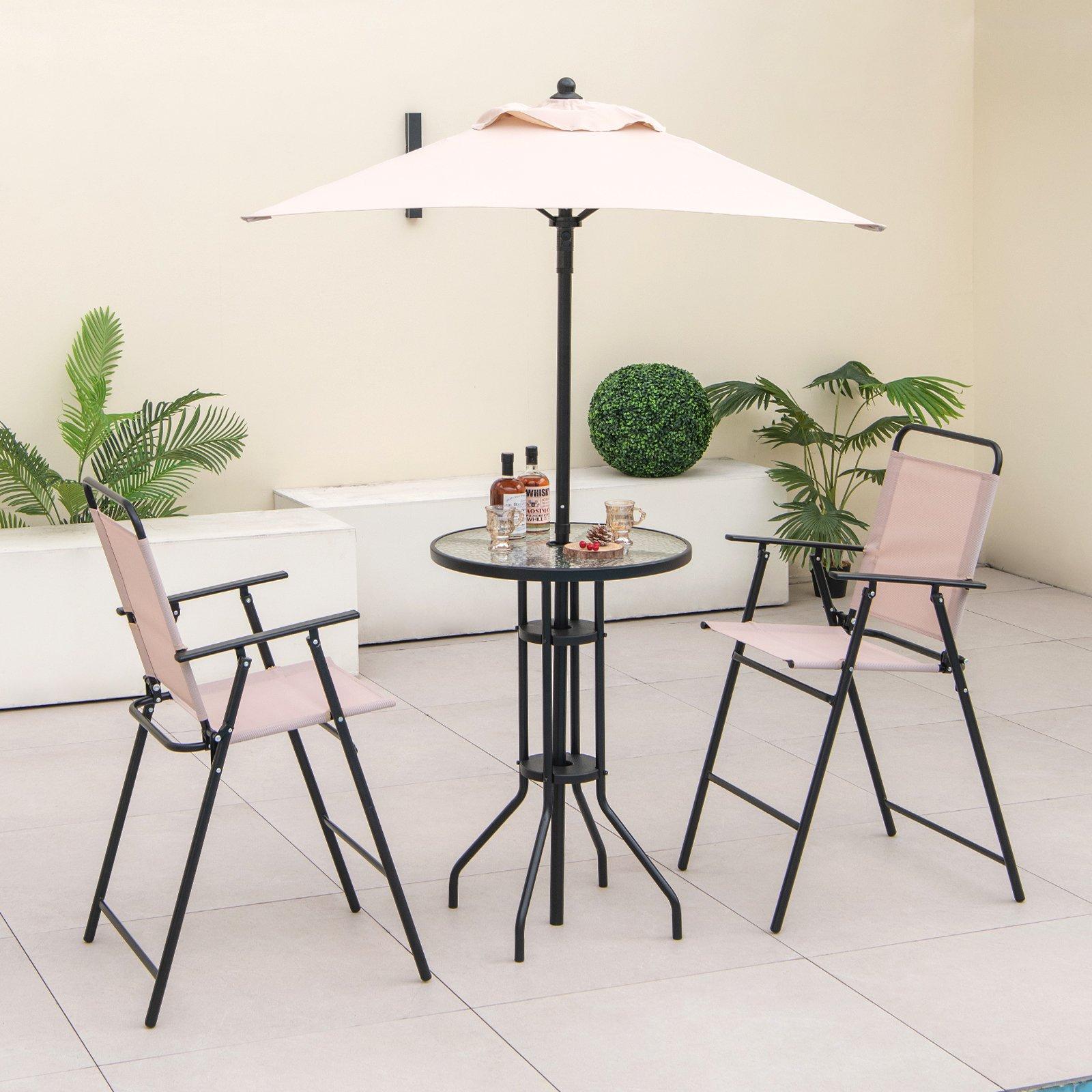 4 PCS Outdoor Patio Bistro Table Set Outdoor Bar Set w/ 2 Folding Chairs & Umbrella