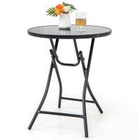 Folding Round Patio Bistro Table Tempered Glass Tabletop Outdoor Cocktail Table
