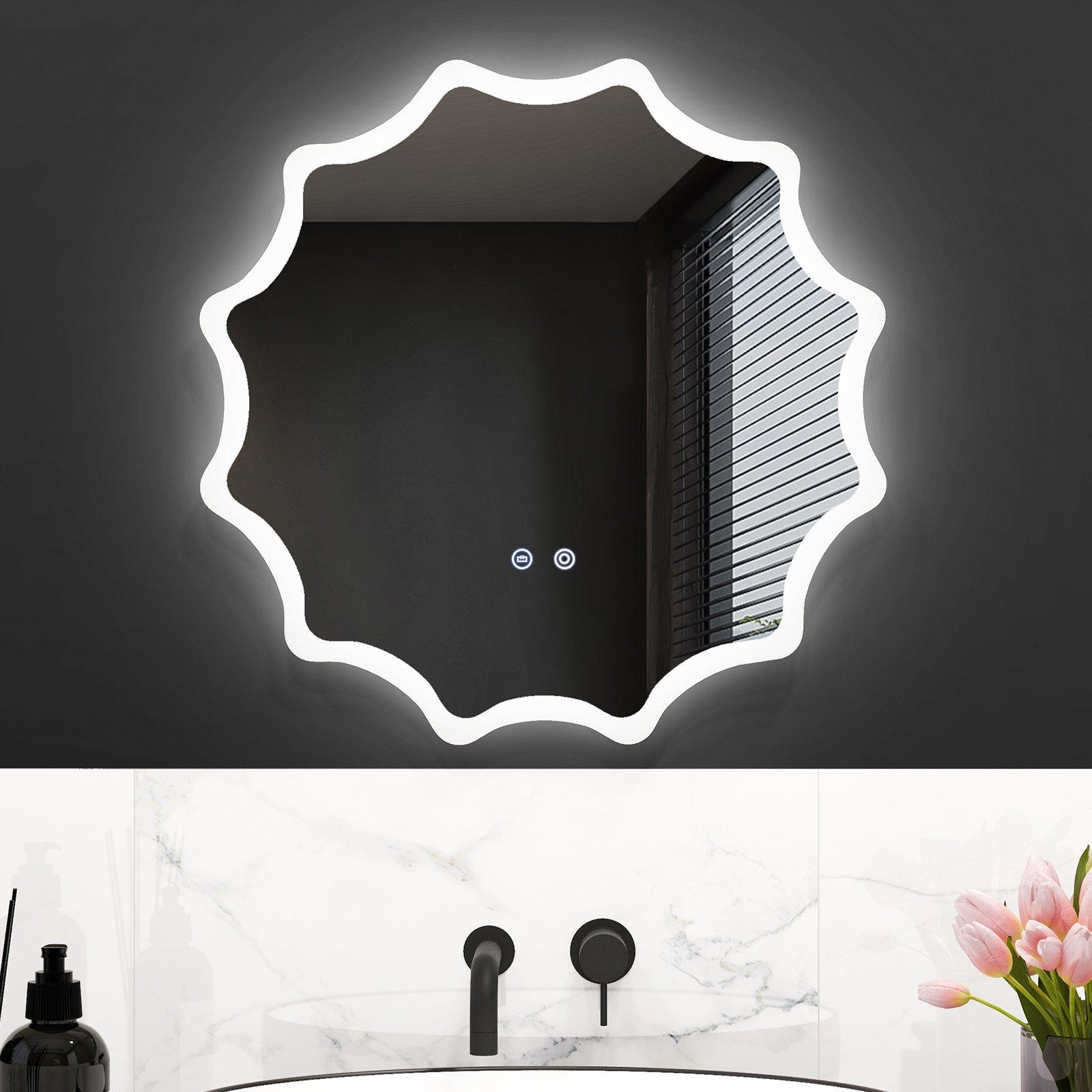 60cm Round Anti-fog 3-Color LED Lights Bathroom Mirror Waved Edge Wall Mirror