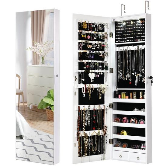 Costway Wall-mounted Jewelry Storage Cabinet Door Hanging Jewelry Armoire w/ Full Mirror 1