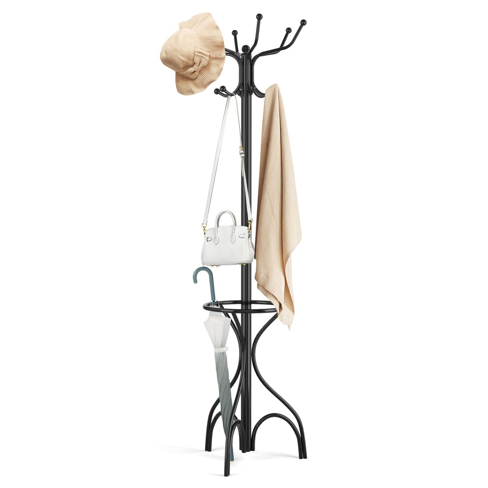 Modern Coat Stand Hanger 12 Hooks Metal Clothes Rack with Umbrella Holder
