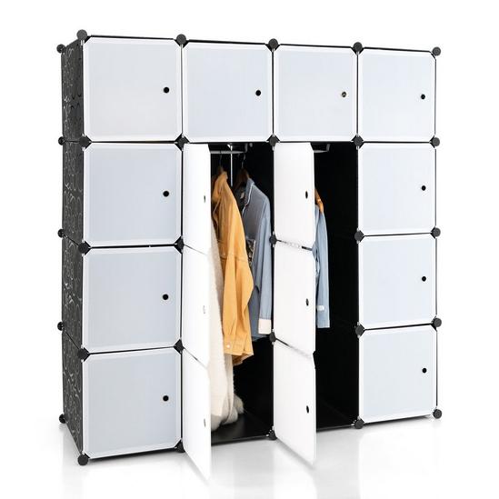 Costway 16 Cube Cloth Storage Organizer Portable Wardrobe Closet 16 Doors 2 Hanging Rods 1
