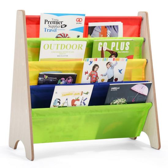 Costway 4 Tier Kids Bookshelf, Children Sling Bookcase with Fabric Shelves 1