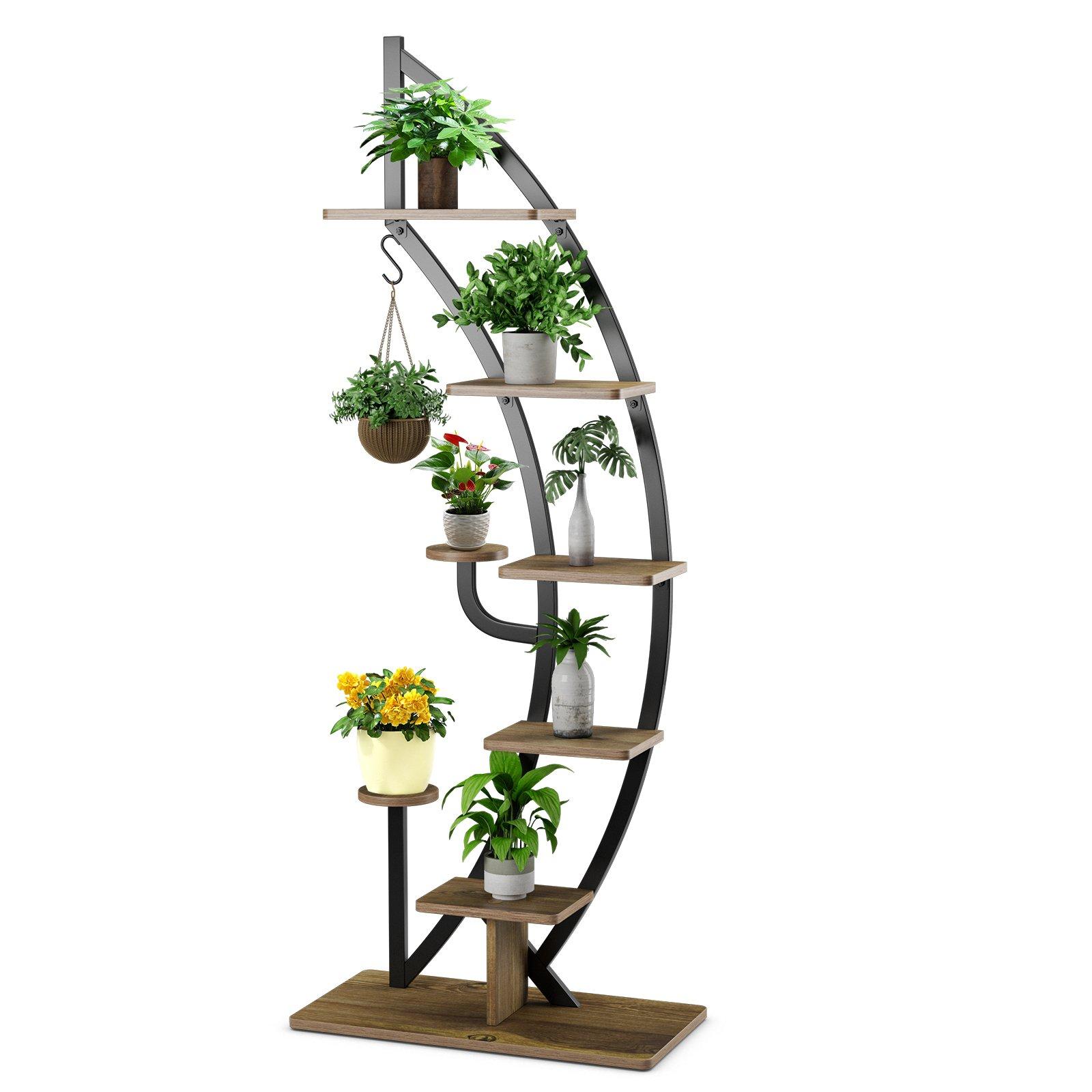 8-Tier Plant Stand Curved Half Moon Shape Ladder Flowers Shelf with Hook