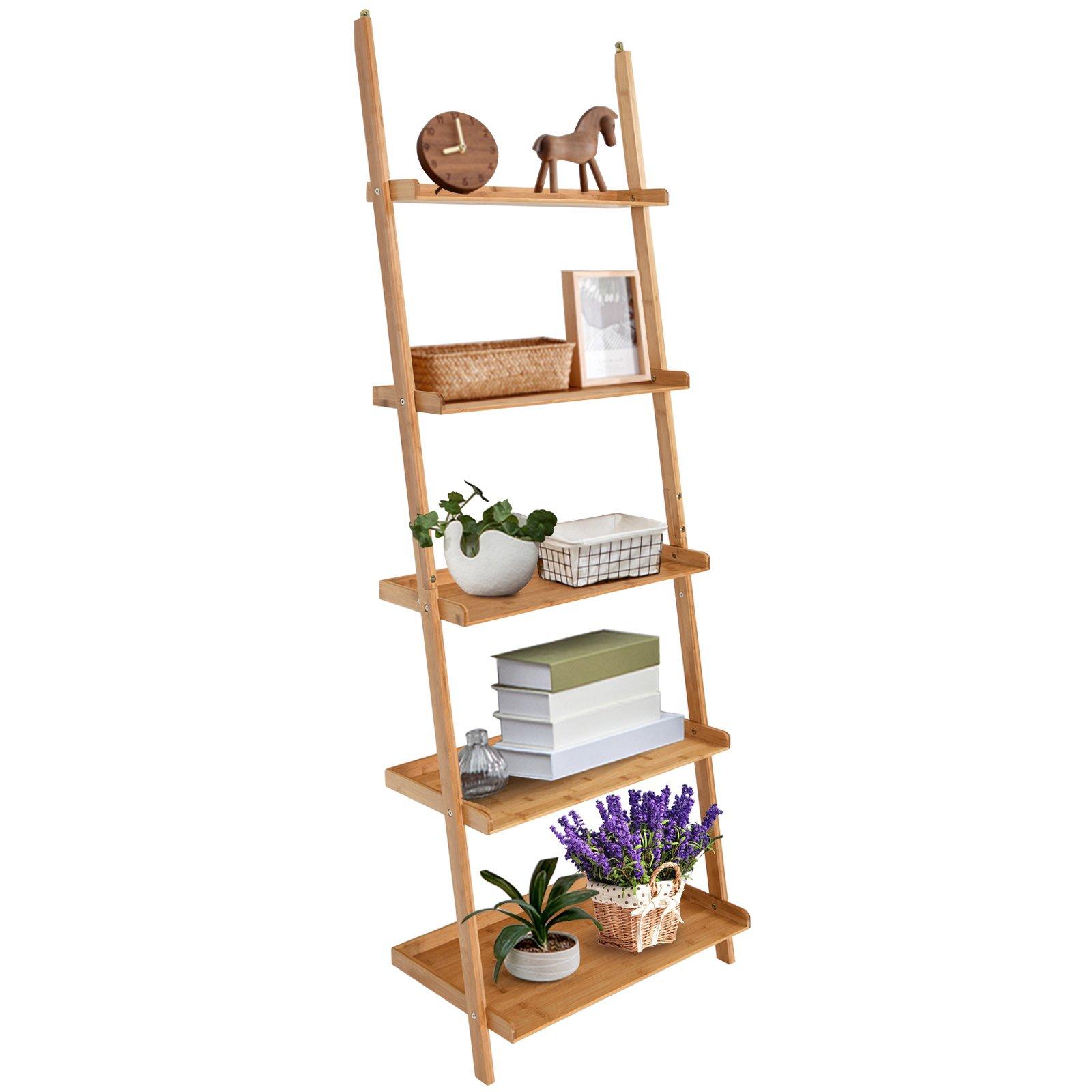 5 Tier Ladder Shelf Bamboo Leaning Wall Rack Bookcase Display Storage Shelves