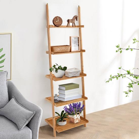 Costway 5 Tier Ladder Shelf Bamboo Leaning Wall Rack Bookcase Display Storage Shelves 2