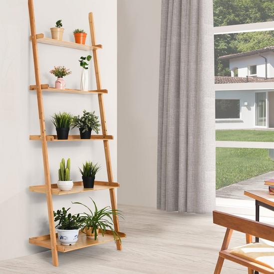 Costway 5 Tier Ladder Shelf Bamboo Leaning Wall Rack Bookcase Display Storage Shelves 4