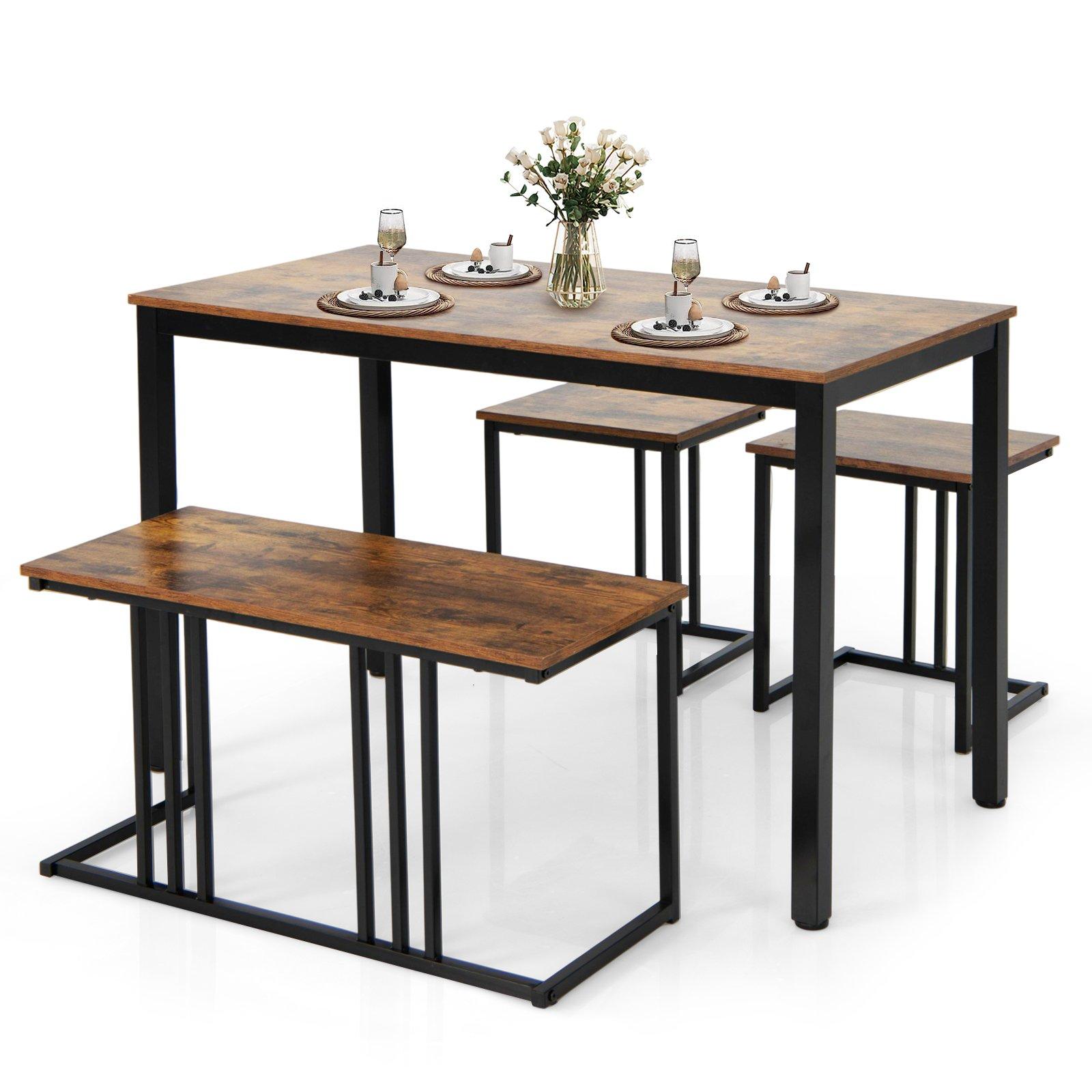 4 PCS Industrial Dining Table & Chair Set Kitchen Table Bench 2 Stools