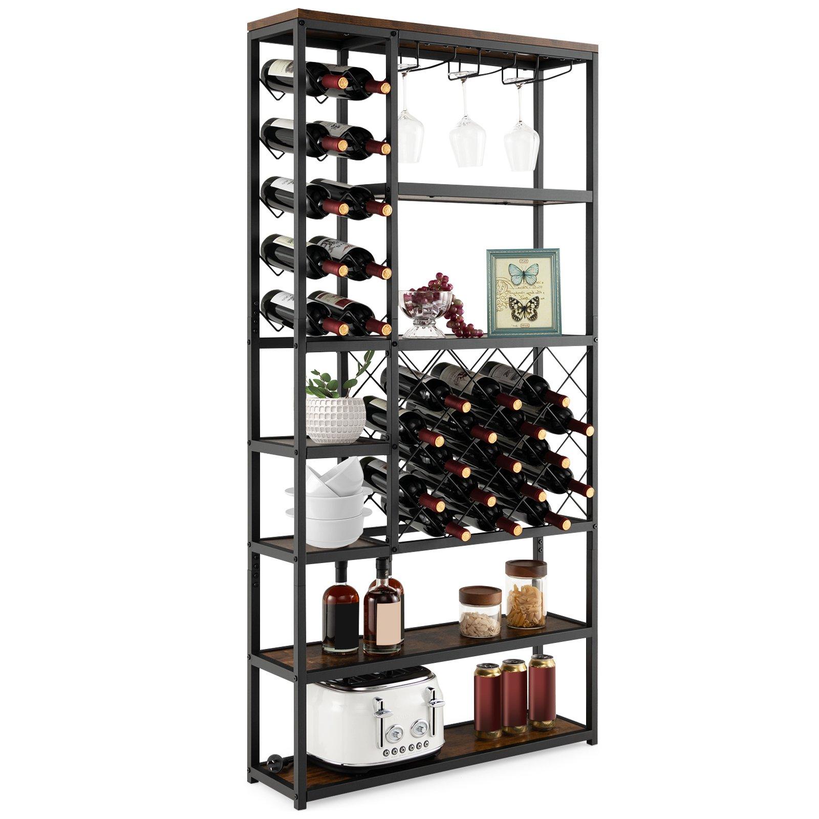 ndustrial Floor Wine Rack Freestanding Wine Display Shelf w/ Glass Holders