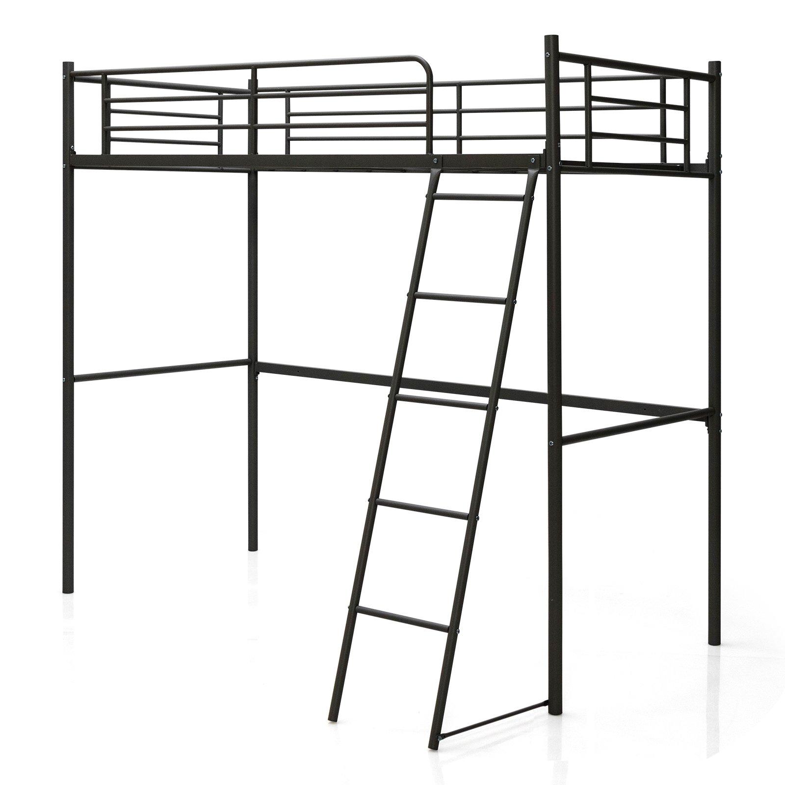 Metal Loft Bed Frame Heavy-duty Steel Slats Support Loft Bed W/ Full-length Guardrails