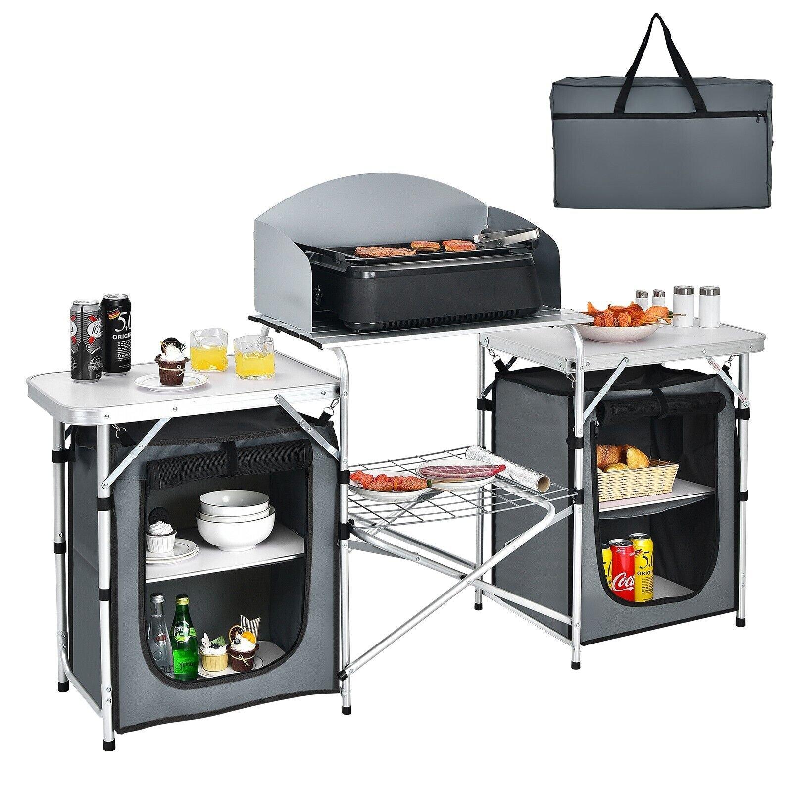 Folding Camping Table Foldable Portable 2-Tier Kitchen Cook Station