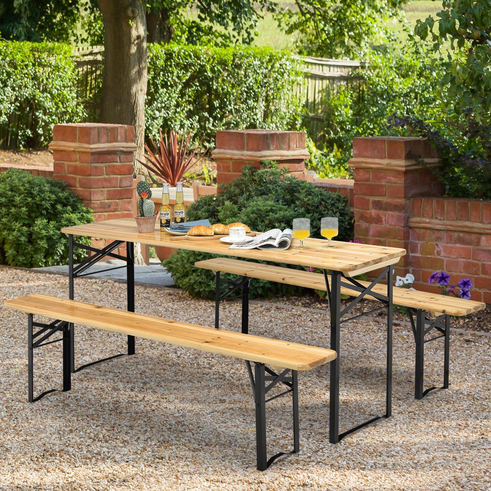 3-Piece Folding Picnic Table and Bench Set Wooden Dinning Table with Seat Set