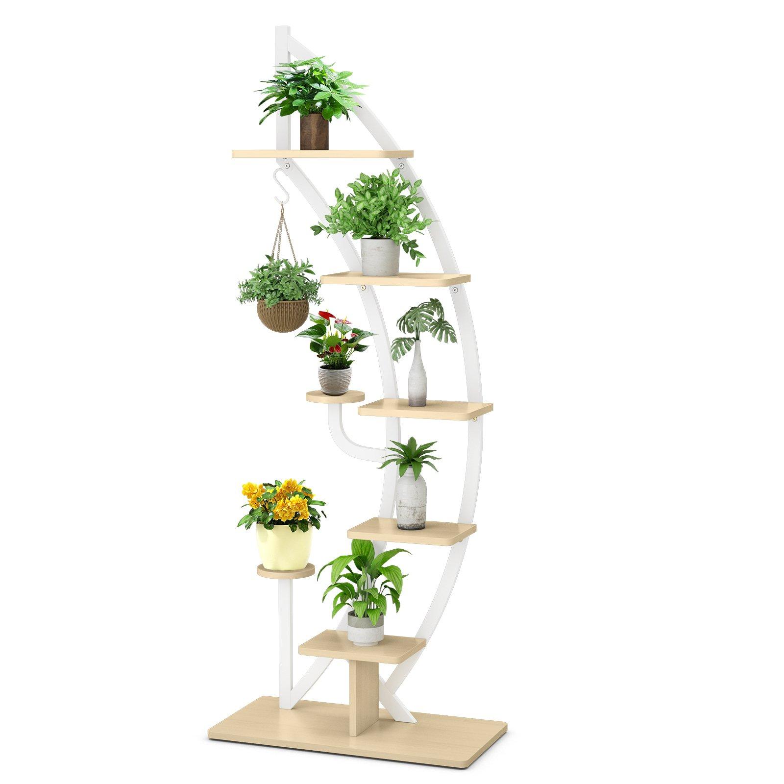 8-Tier Tall Wooden Plant Stand Rack Curved Half Moon Shape Ladder Planter Shelf W/ Top Hook