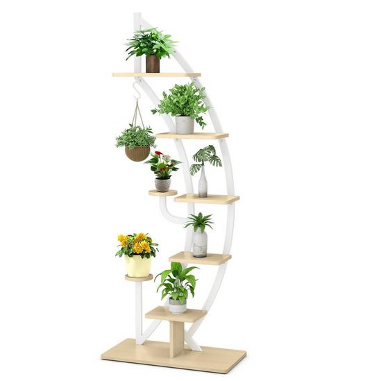 Costway 8-Tier Tall Wooden Plant Stand Rack Curved Half Moon Shape Ladder Planter Shelf W/ Top Hook 1