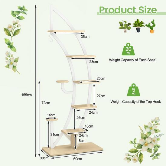 Costway 8-Tier Tall Wooden Plant Stand Rack Curved Half Moon Shape Ladder Planter Shelf W/ Top Hook 2