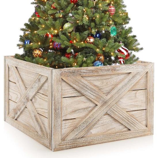 Costway Wooden Tree Collar Box  100% Solid Wood Christmas Farmhouse Wooden Tree Box W/ Hook & Loop Fasteners 1