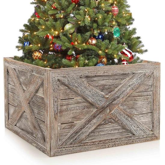 Costway Wooden Tree Collar Box  100% Solid Wood Christmas Farmhouse Wooden Tree Box W/ Hook & Loop Fasteners 1