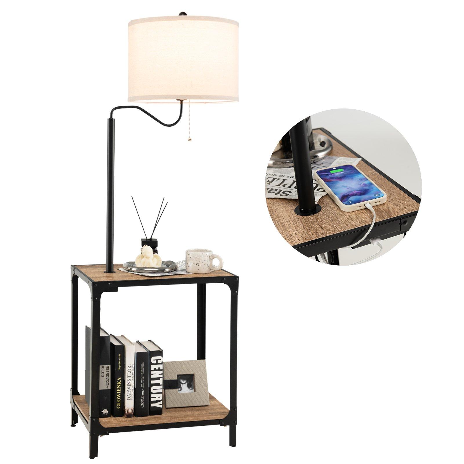 Bedside End Table with Lamp Floor Lamp W/ USB Charging Ports