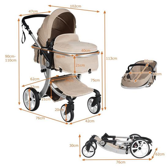 Costway 2 in 1 Baby Stroller Convertible Reversible Bassinet Pram with Rain Cover Foldable Aluminum Alloy Pushchair 2
