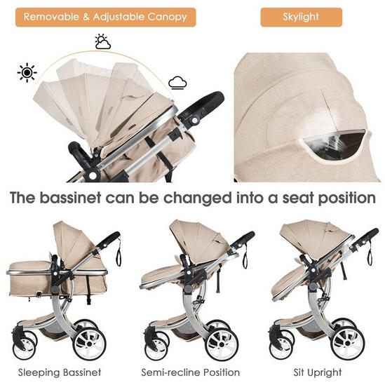 Costway 2 in 1 Baby Stroller Convertible Reversible Bassinet Pram with Rain Cover Foldable Aluminum Alloy Pushchair 4