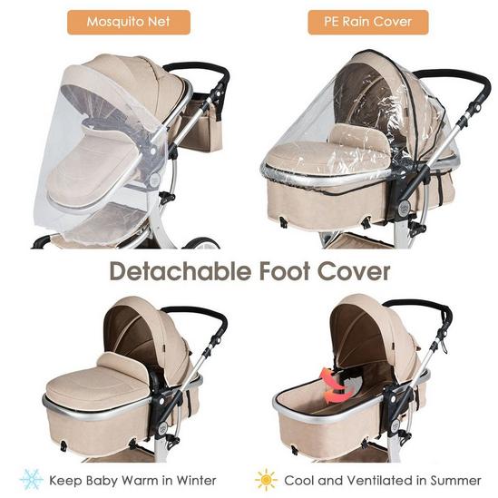 Costway 2 in 1 Baby Stroller Convertible Reversible Bassinet Pram with Rain Cover Foldable Aluminum Alloy Pushchair 5