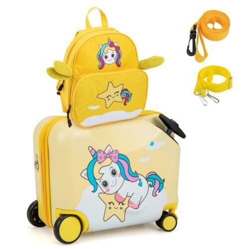 Costway 2PC Kids Ride-on Luggage Set 18'' Carry-on Suitcase & 12'' Backpack  Anti-Loss Rope Yellow 