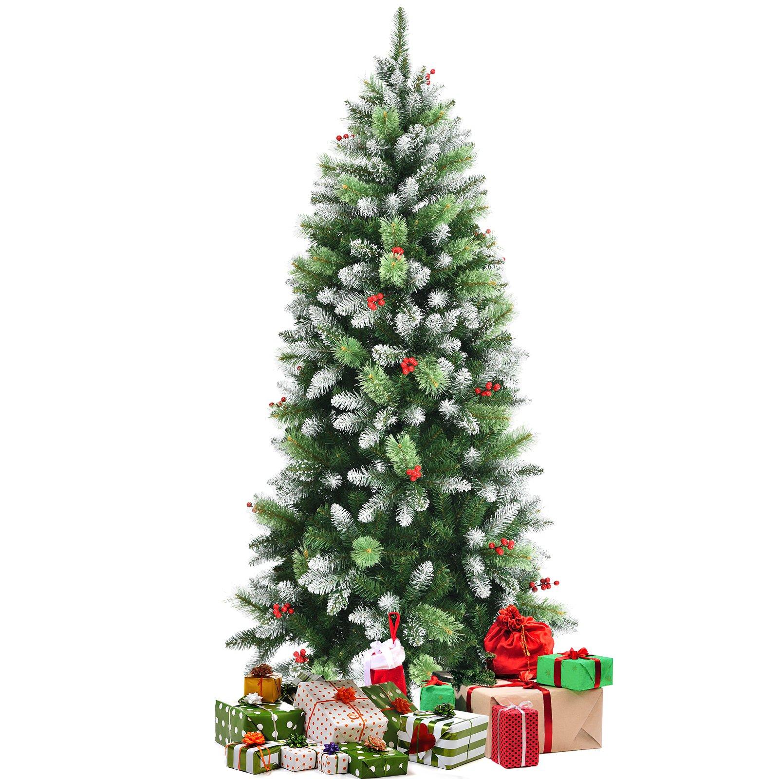 6FT Artificial Pine Xmas Tree Snow Flocked Christmas Tree with Red Berries